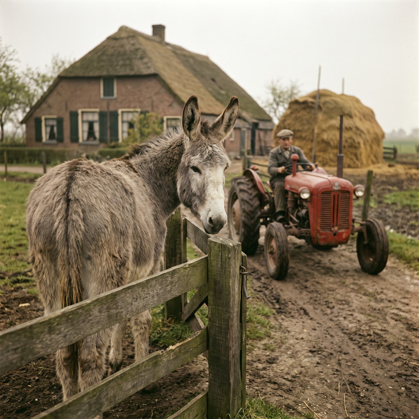 Een ezel bij het hek, achter hem een tractor met een wagen hooi.