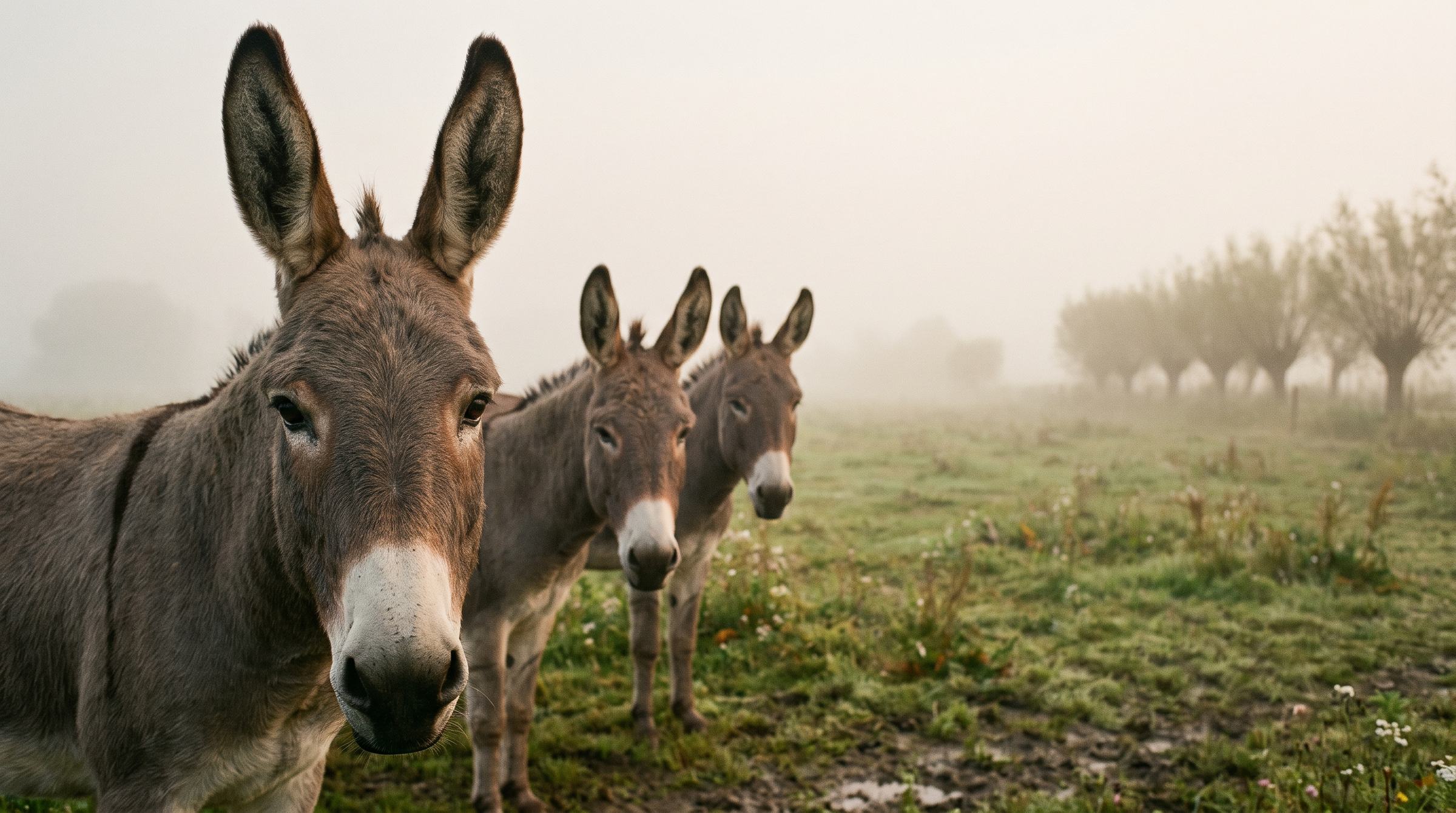 Drie ezels kijken je aan vanuit een mistige wei.