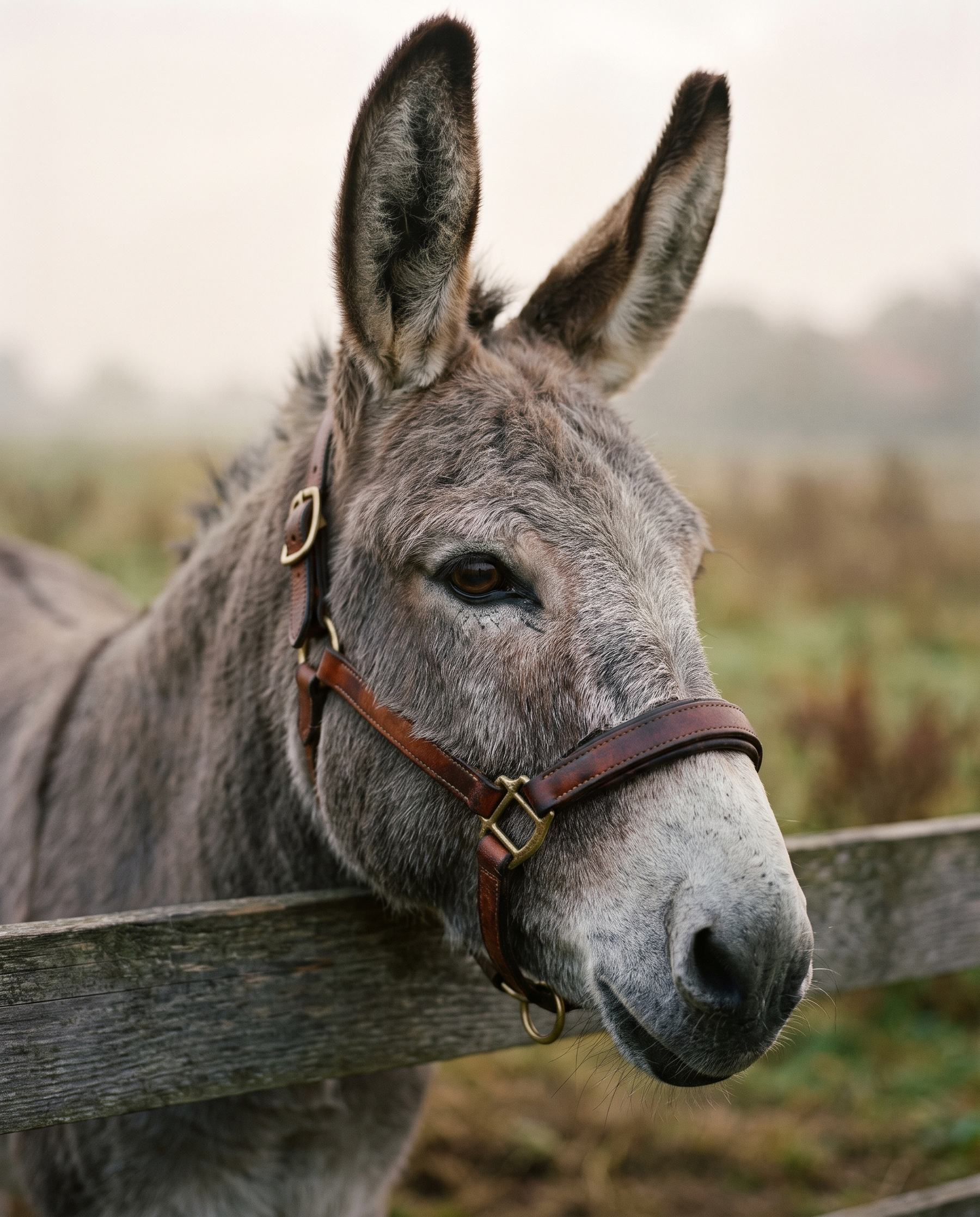 Het hoofd van een ezel van dichtbij, met een leren halster.